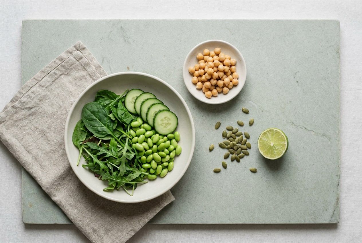 A bowl of leafy greens, cucumber and edamame with chickpeas and pumpkin seeds